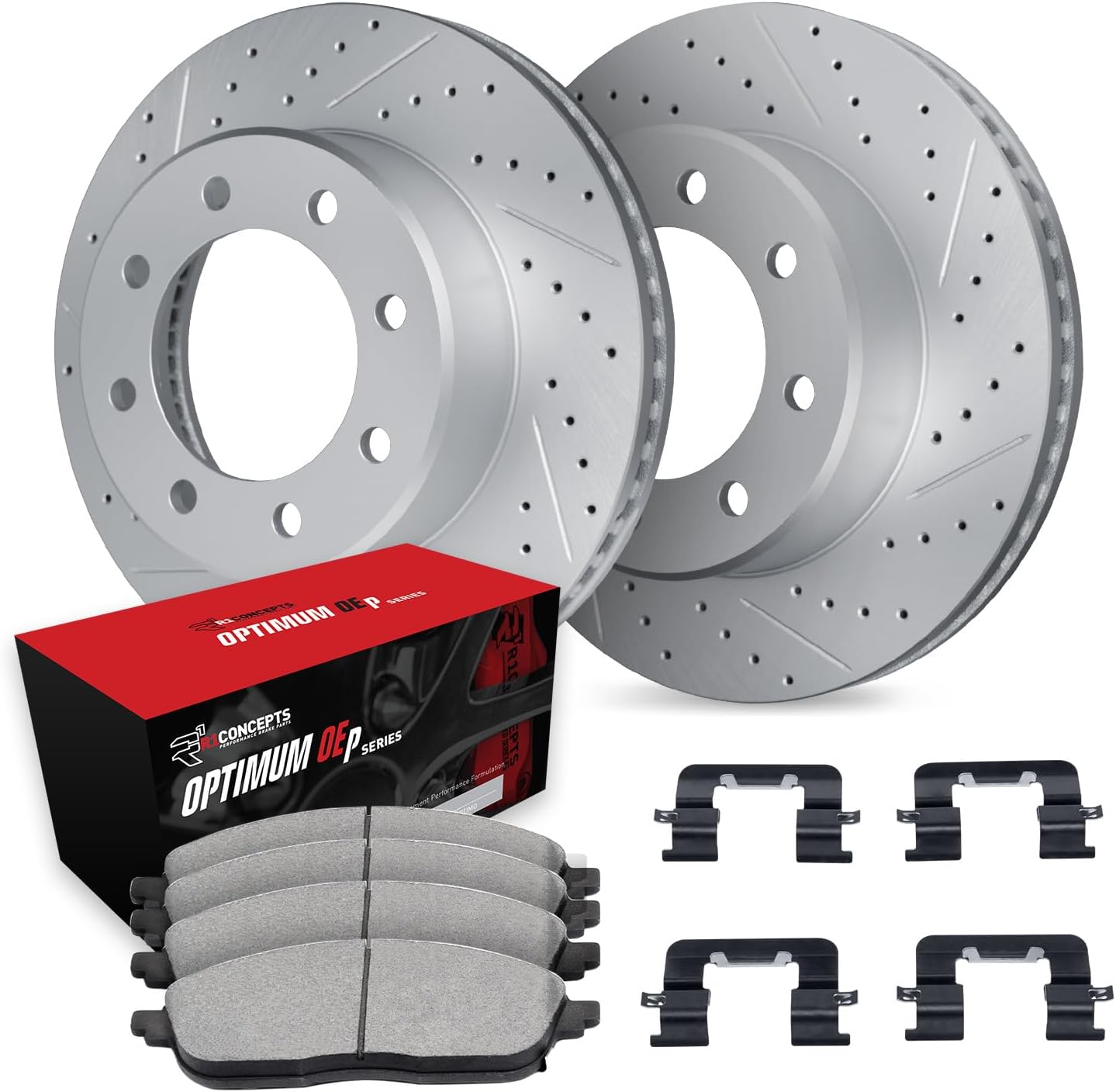 R1 Concepts Front Brake Kit Fits 2020-2024 Chevrolet Silverado, GMC Sierra| Optimum Oep Pads, Drilled Slotted Rotors| Hardware| 14.0' Front