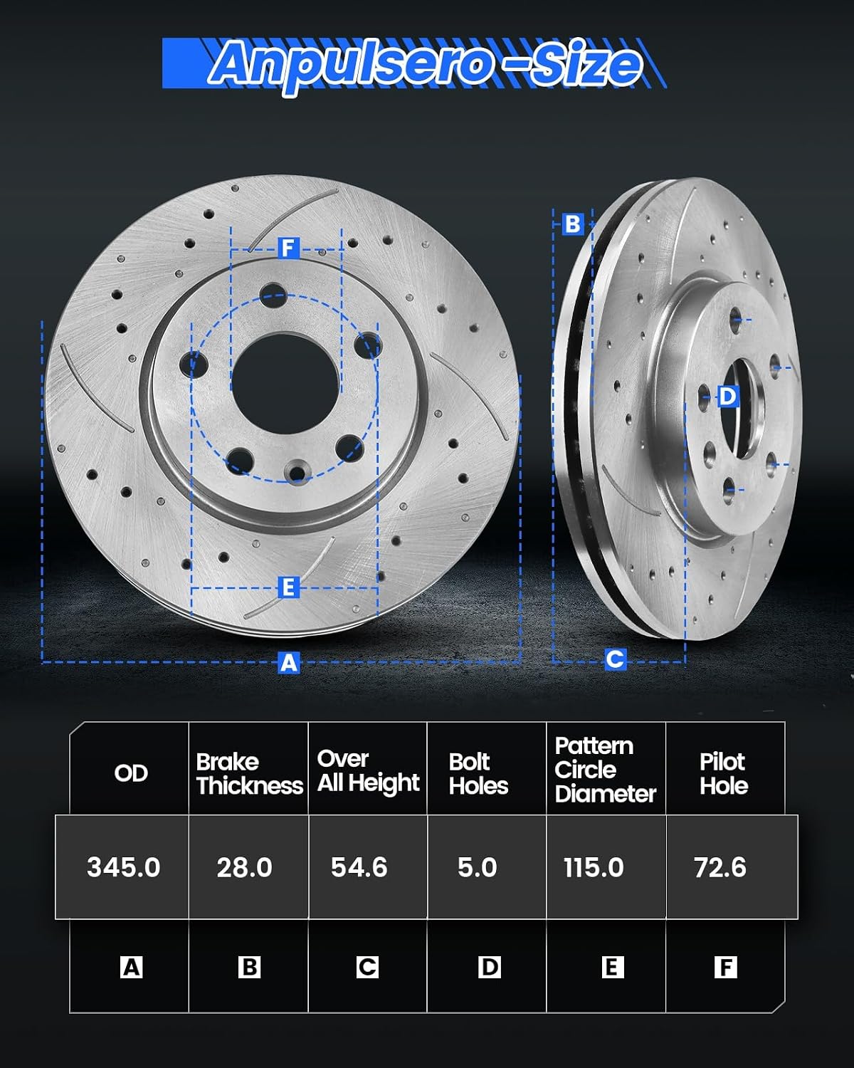Anpulsero Brake Pads And Rotors Kit Compatible with 2006-2023 Dodge Charger, AWD 345mm(13.6in) Front Rotor and 320mm Vented Rear Rotor, Automotive Replacement Brake Kits Drilled And Slotted Rotors
