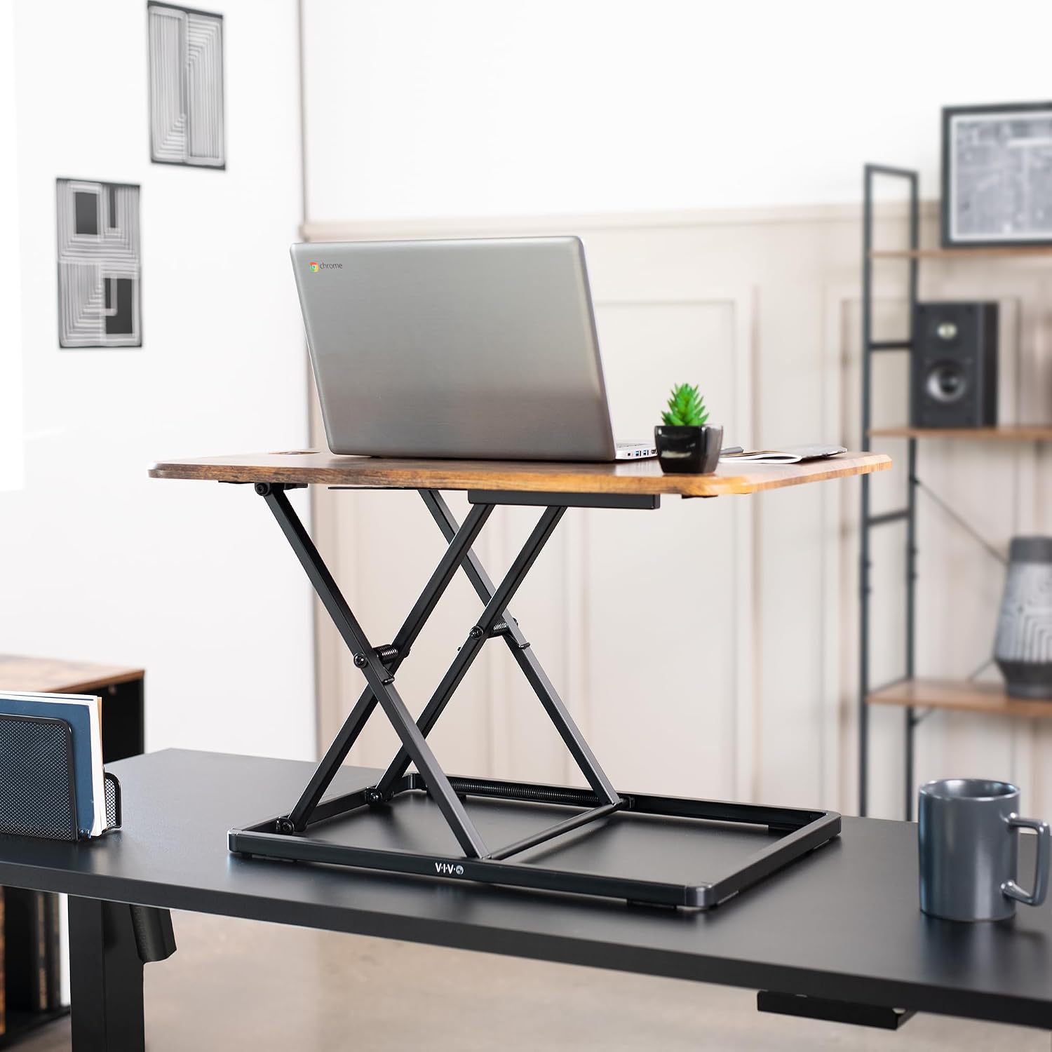 VIVO Ultra-Slim Single Top Height Adjustable Standing Desk Riser, Compact Sit Stand Desktop Converter for Monitor or Laptop, Rustic Vintage Brown, DESK-V001JN
