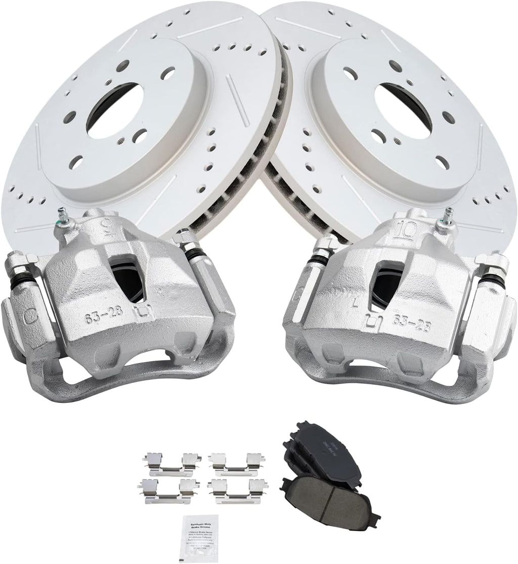 TRQ Performance Front Brake Pad and Rotor Set Ceramic Drilled Slotted Coated Vented Rotors Calipers Compatible with 2004-2010 Toyota Sienna 2005-2007 Avalon 2005-2006 Camry 2004-2008 Solara