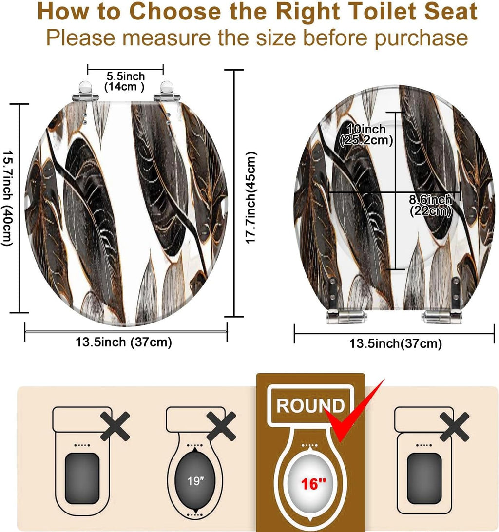 Round Toilet Seat Palm leaves gold black white marble artistic covers colorful texture Resin Toilet Seat Quietly Close Quick Release Hinges Decorative Toilet Seat with Cover Easy to Install