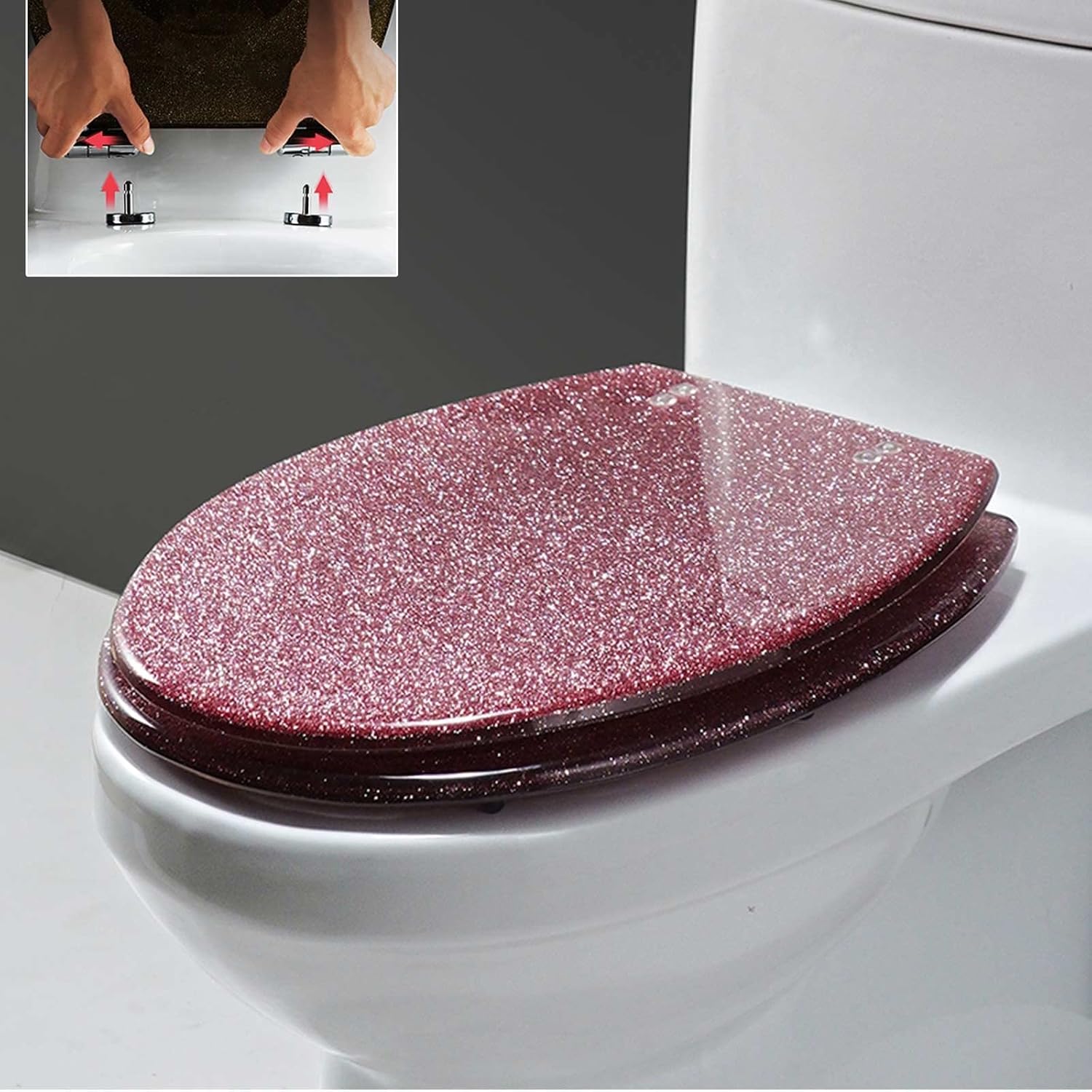 Oval Silent Slow Close Toilet seat, Resin Toilet Seat Bathroom Glitter, Adjustable Toilet Seat, Glittering Black Pink Gold Silver,Pink,Pink