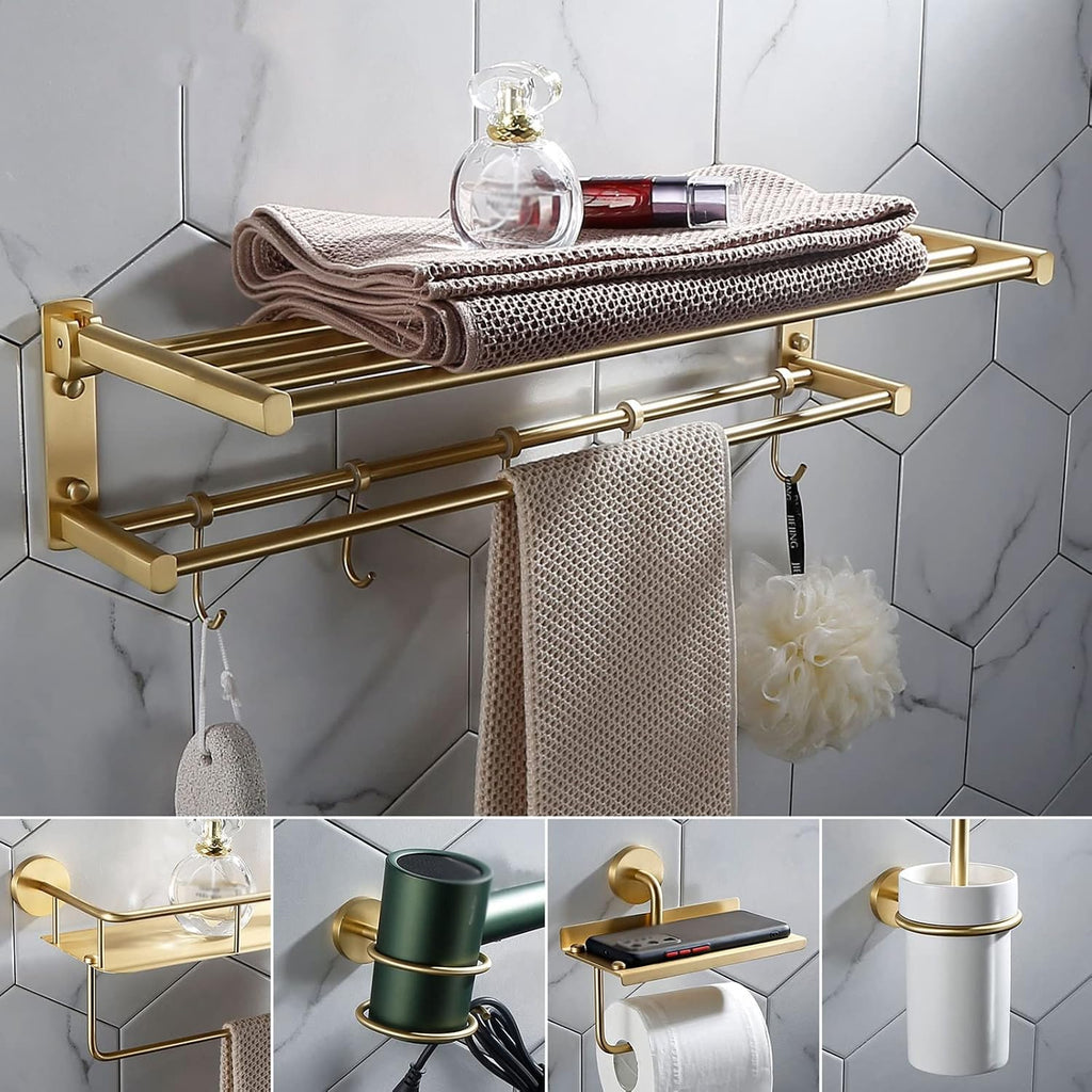 Bathroom Shelves All Copper Brushed Gold Towel Rack Bar Rail, Simple and Light Luxury Bath Towel Rack, Bathroom Bathroom Rack, Hardware Pendant Set (Color : Hair Dryer)