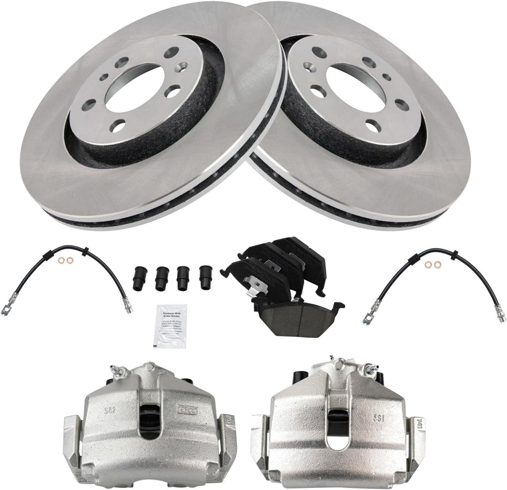TRQ Front Brake Pad and Rotor Set Ceramic Rotors Calipers Hoses Compatible with 2005 Volkswagen Jetta