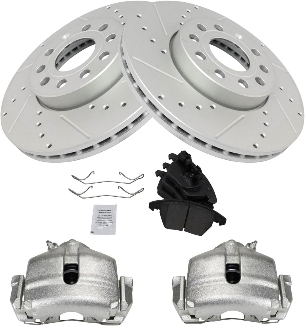 TRQ Performance Front Brake Pad and Rotor Set Ceramic Drilled Coated Rotors Calipers Compatible with 2005 Volkswagen Jetta 06-09 Rabbit 09-15 Jetta 10-14 Golf 12-19 Beetle 2013 GTI 2010 Audi A3