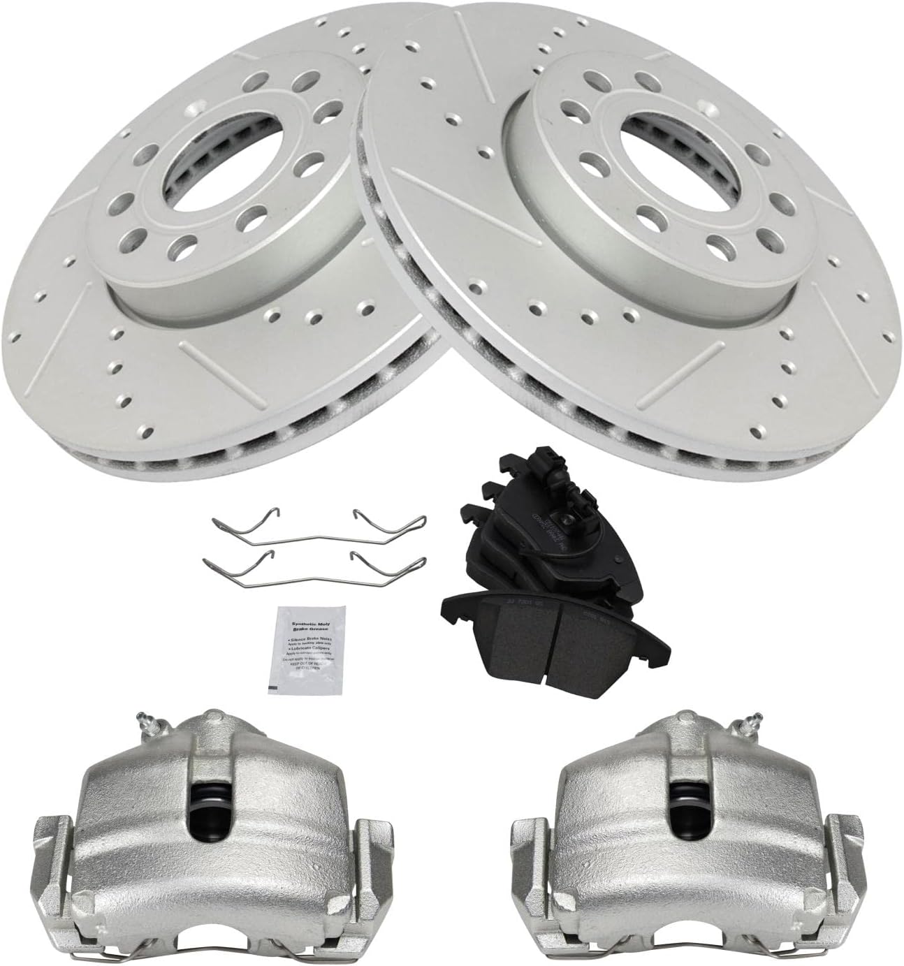 TRQ Performance Front Brake Pad and Rotor Set Ceramic Drilled Coated Rotors Calipers Compatible with 2005 Volkswagen Jetta 06-09 Rabbit 09-15 Jetta 10-14 Golf 12-19 Beetle 2013 GTI 2010 Audi A3
