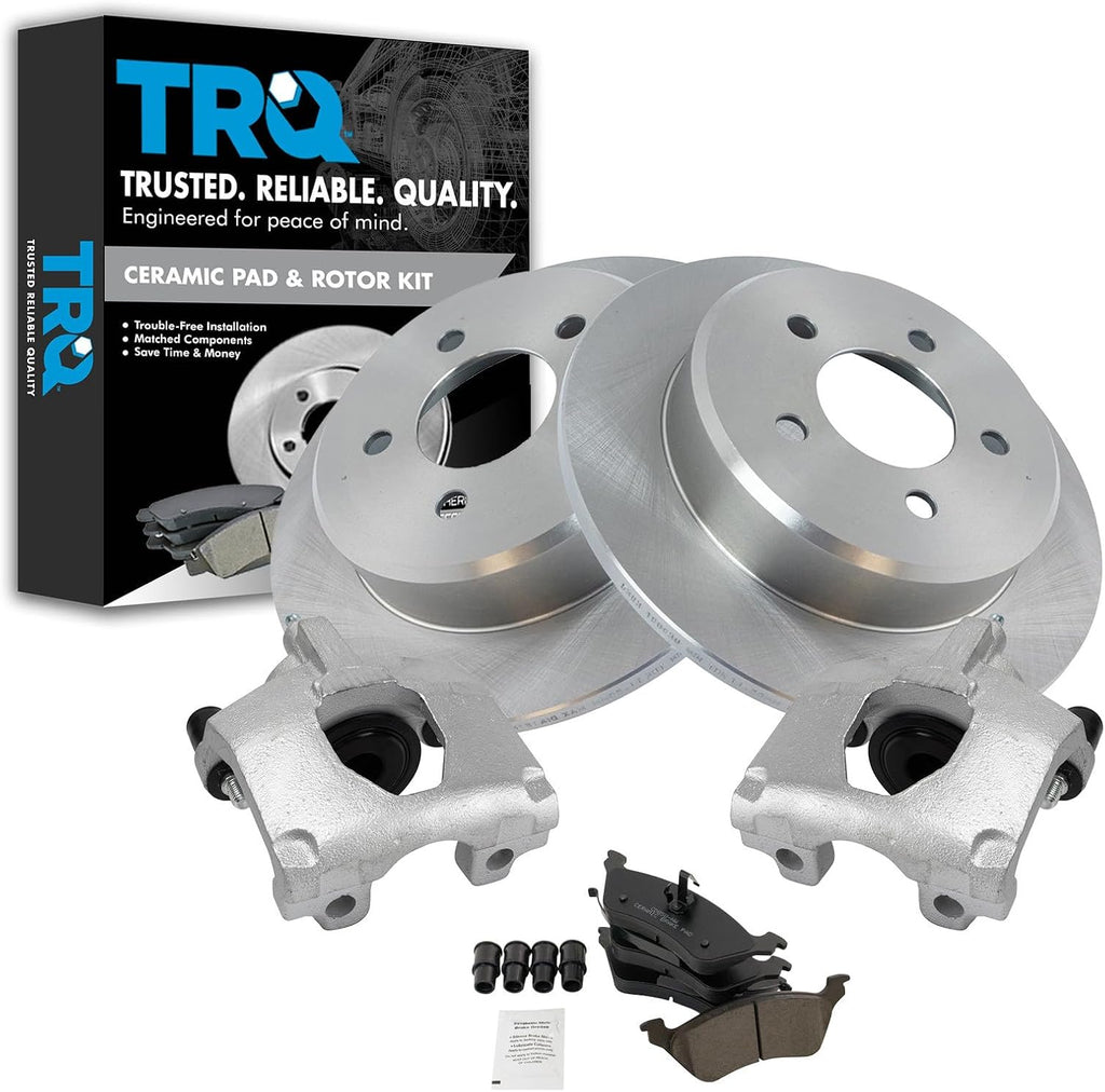 TRQ Rear Brake Pad and Rotor Set Ceramic Rotors Calipers Compatible with 2001-2007 Chrysler Town and Country Caravan Grand Caravan