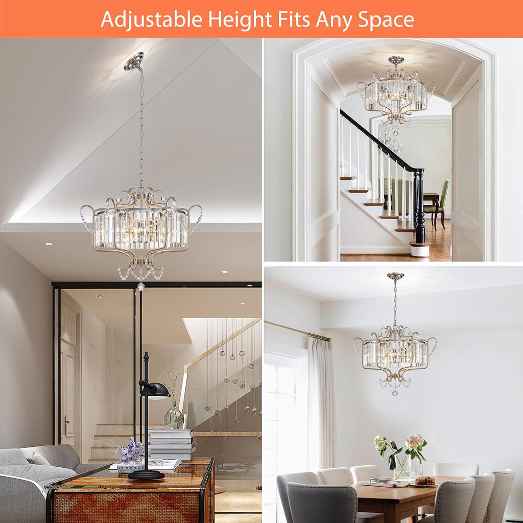 Modern Crystal Chandelier for Dining Room 24' Brushed Nickel Light Fixtures 6-Light Farmhouse Pendant Lighting for Kitchen Island Bedroom Hallway Entryway