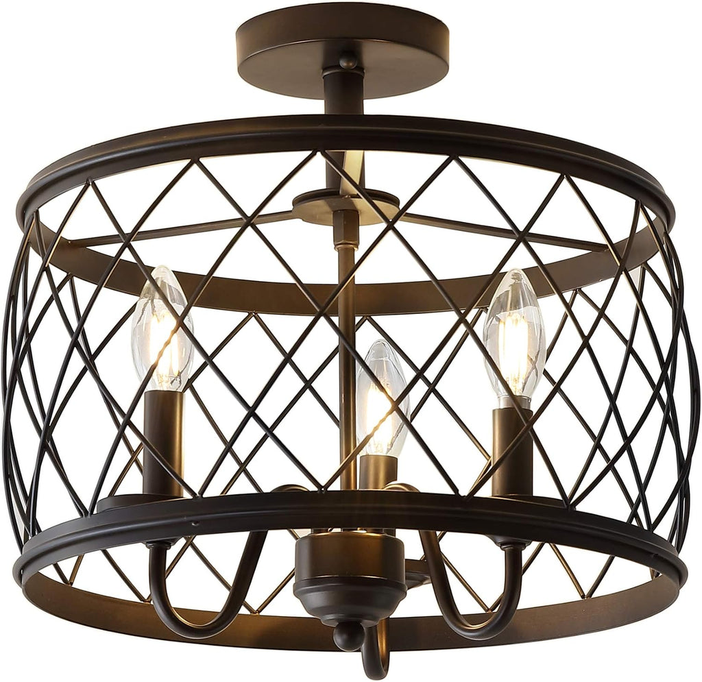 JONATHAN Y 15' Oil Rubbed Bronze LED Semi Flush Mount Ceiling Light, 3-Light Modern Industrial Drum Fixture for Bedroom Living Room Hallway, Gold Metal Cage Shade (JYL9037B)