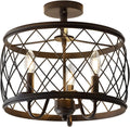 JONATHAN Y 15' Oil Rubbed Bronze LED Semi Flush Mount Ceiling Light, 3-Light Modern Industrial Drum Fixture for Bedroom Living Room Hallway, Gold Metal Cage Shade (JYL9037B)