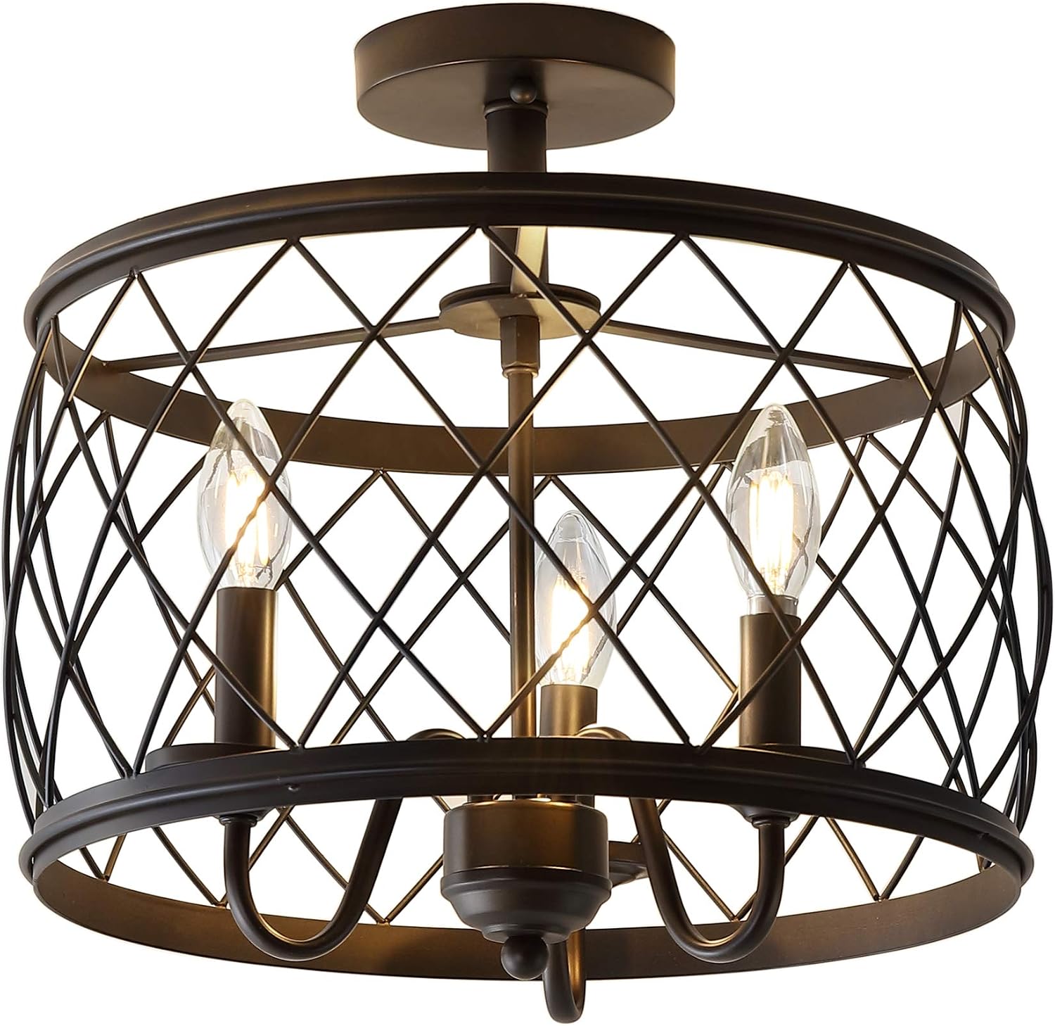JONATHAN Y 15' Oil Rubbed Bronze LED Semi Flush Mount Ceiling Light, 3-Light Modern Industrial Drum Fixture for Bedroom Living Room Hallway, Gold Metal Cage Shade (JYL9037B)