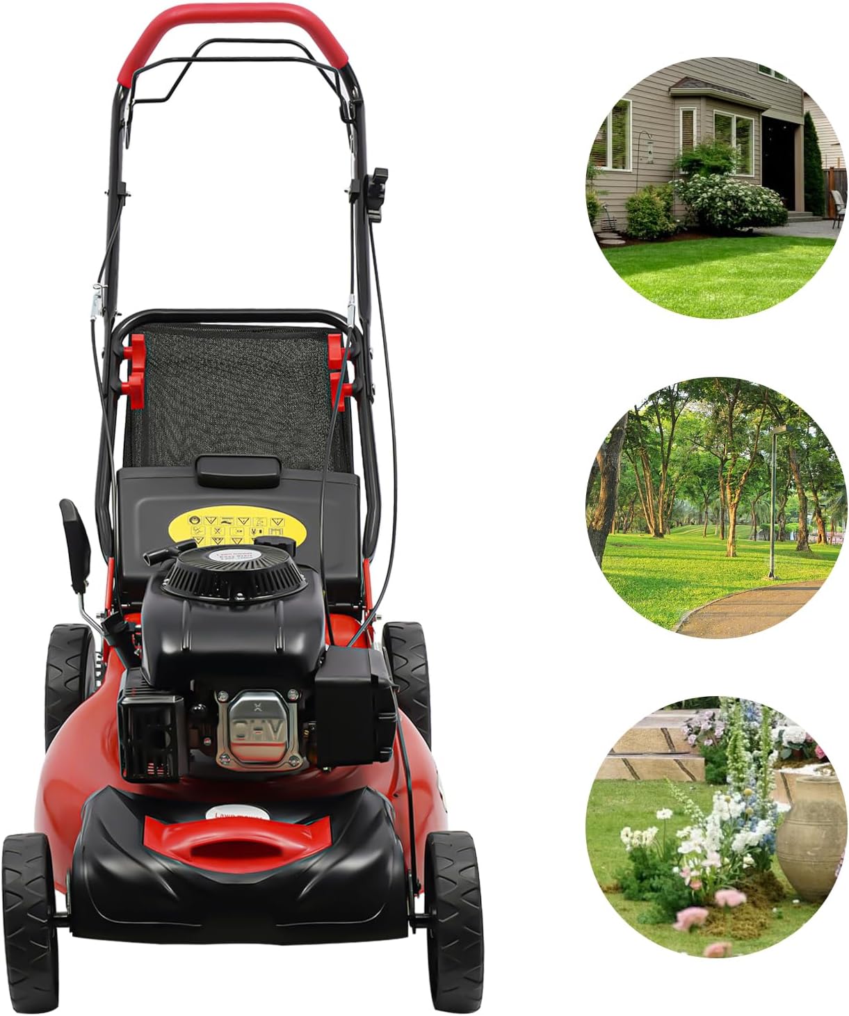 20-Inches Lawn Mower, 173CC 4-Stroke Lawnmower 3-in-1 Walk-Behind Push Lawn Mower, Gas Powered Lawn Mower Self Propelled 8 Adjustable Heights for All Lawn Planting Weeding