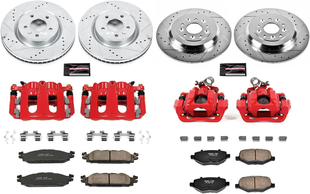 PowerStop Front and Rear Brake Kit for Ford Explorer 2011-19 |Flex 2012-19 |Taurus 2013-19 - Carbon-Fiber Ceramic Brake Pads + Drilled & Slotted Rotors + Red Powder Coated Calipers, KC5584