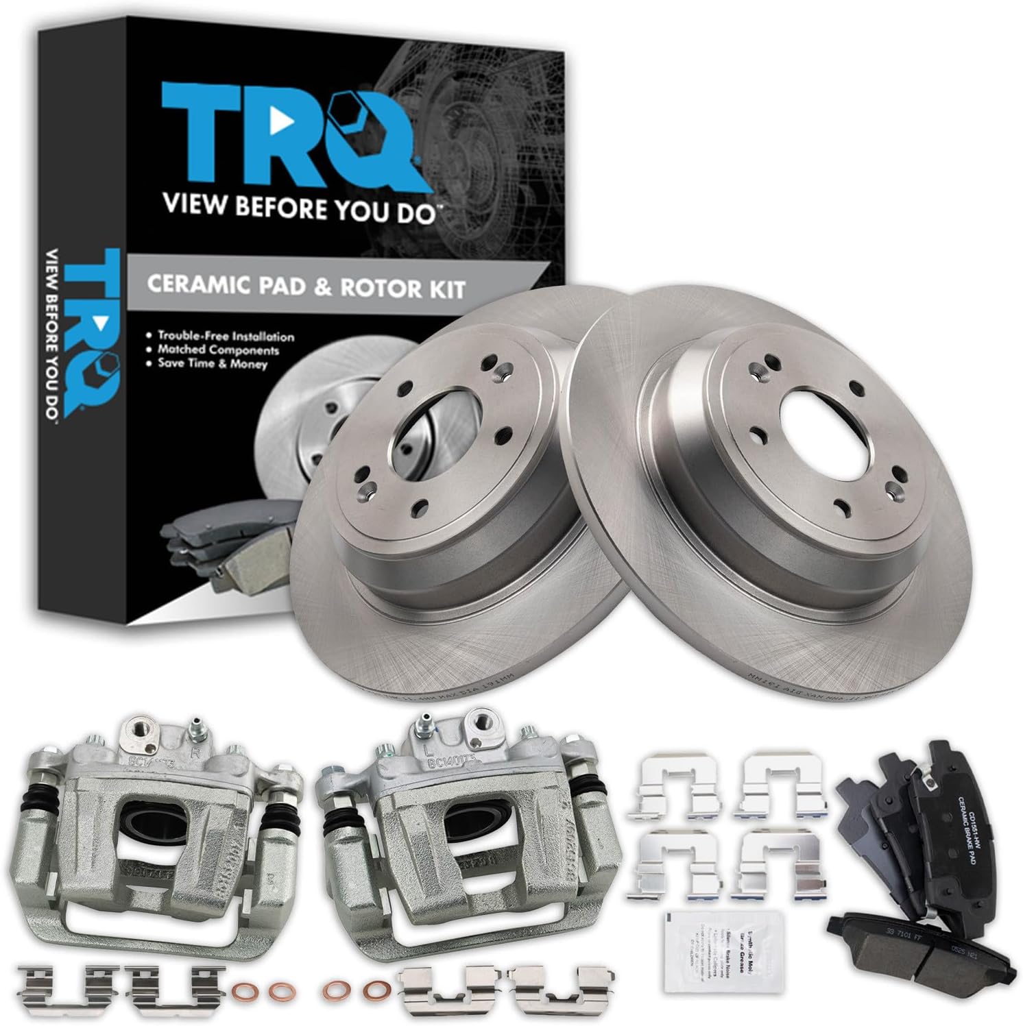 TRQ Rear Brake Pad and Rotor Set Ceramic Rotors Calipers Compatible with 2010-2016 Hyundai Genesis 2017 Genesis G80 2016 Kia K900