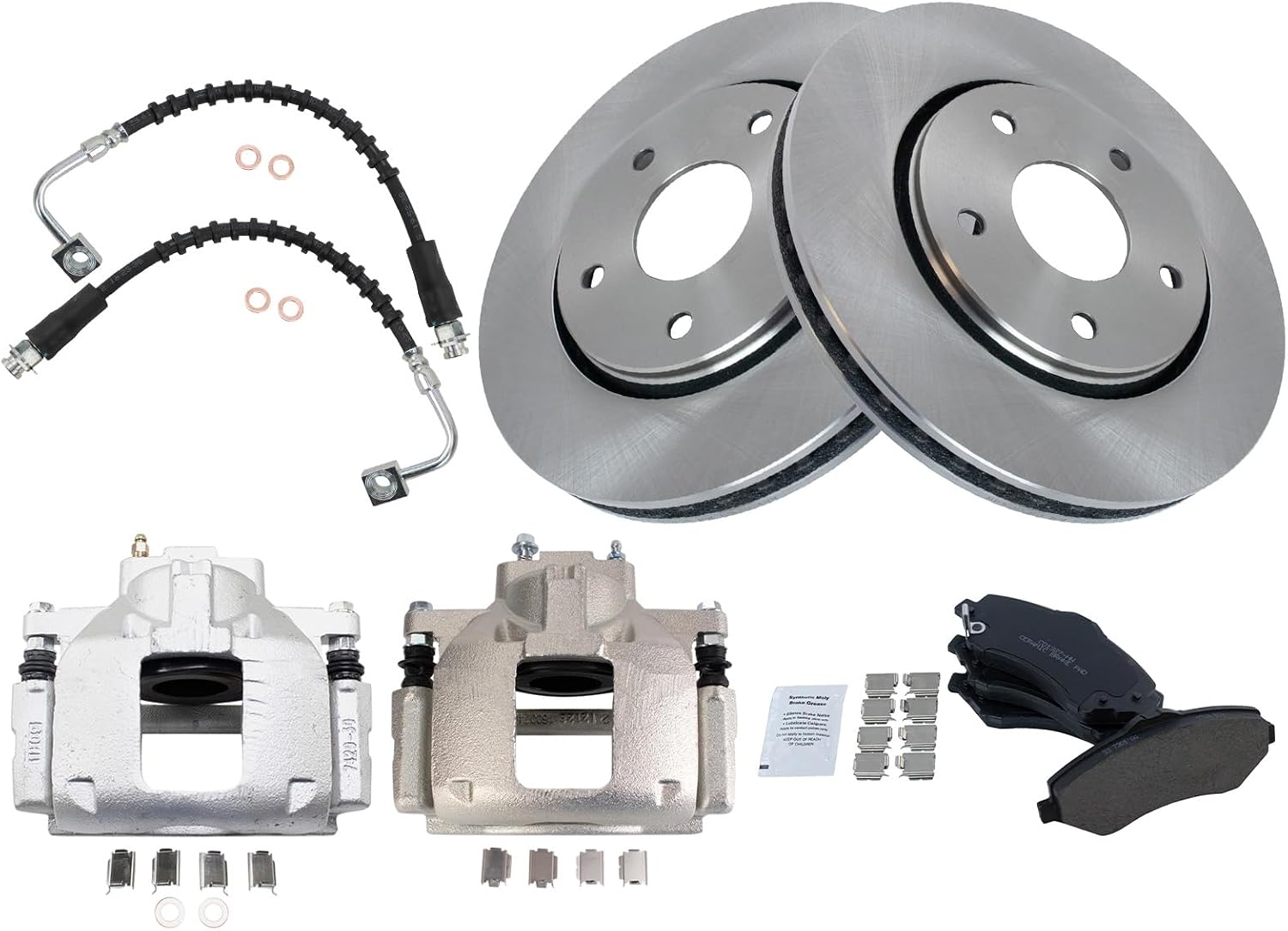 TRQ Front Brake Pad and Rotor Set Ceramic Rotors Calipers Hoses Compatible with 2008-2012 Chrysler Town & Country Dodge Grand Caravan 2012 Ram Cargo Van 2009-2012 Volkswagen Routan