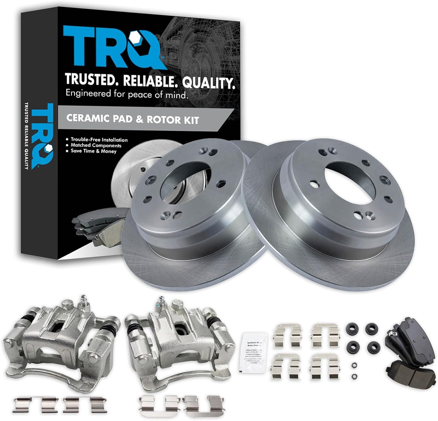 TRQ Rear Brake Pad and Rotor Set Ceramic Solid Rotors Calipers Compatible with 2010-2015 Hyundai Tucson 2011-2016 Kia Sportage