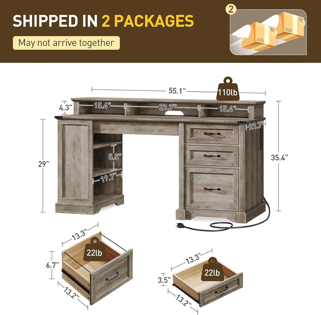 RALGEND 55'' Farmhouse Executive Desk with Drawers, Home Office Desk with File Cabinet and Storage Shelf, Charging Station, Computer Desk with Monitor Stand, Writing Gaming Desk, Greige