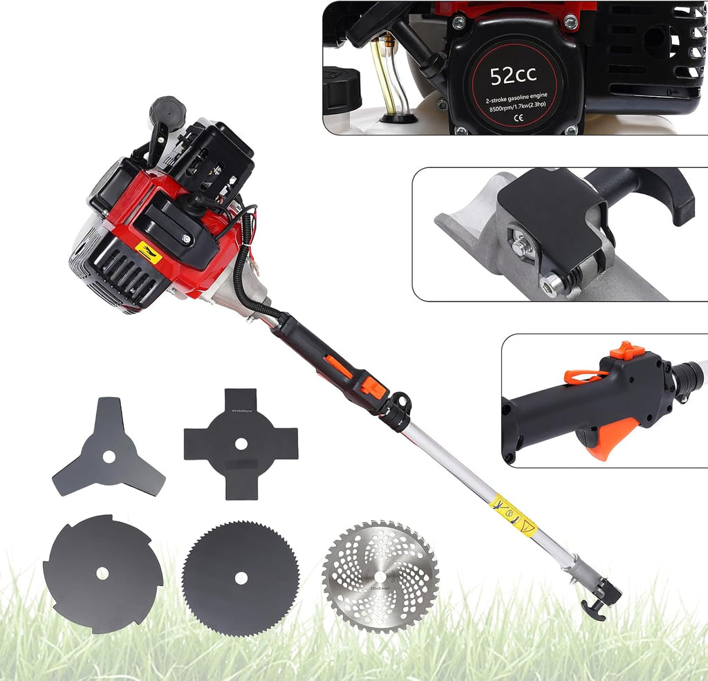 Weed Eater Gas Powered, 52CC 2-Stroke 10 in 1 Gas Brush Cutter Weed Wacker Multi-Functional Grass Strimmer Petrol Hedge Trimmer Straight Shaft Lawn Mower for Garden Yard