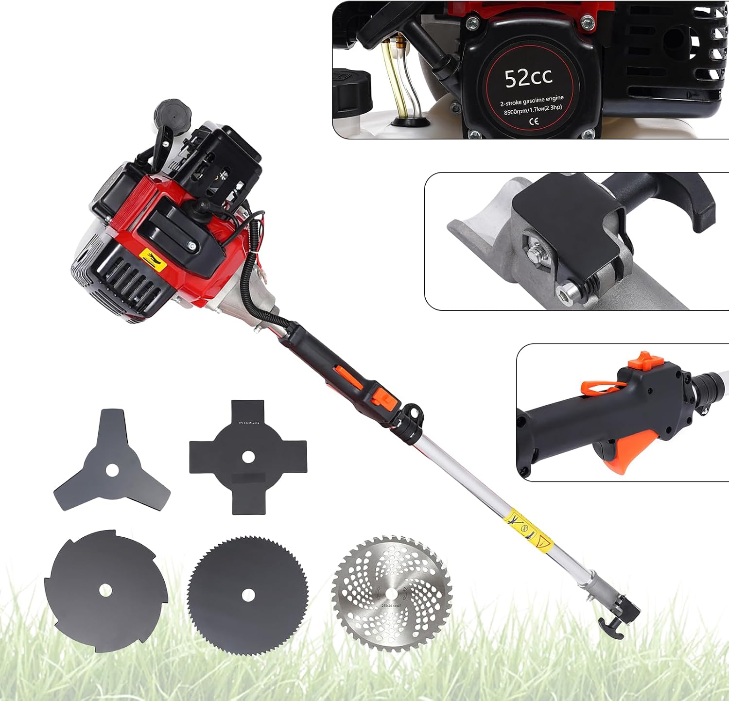 Weed Eater Gas Powered, 52CC 2-Stroke 10 in 1 Gas Brush Cutter Weed Wacker Multi-Functional Grass Strimmer Petrol Hedge Trimmer Straight Shaft Lawn Mower for Garden Yard
