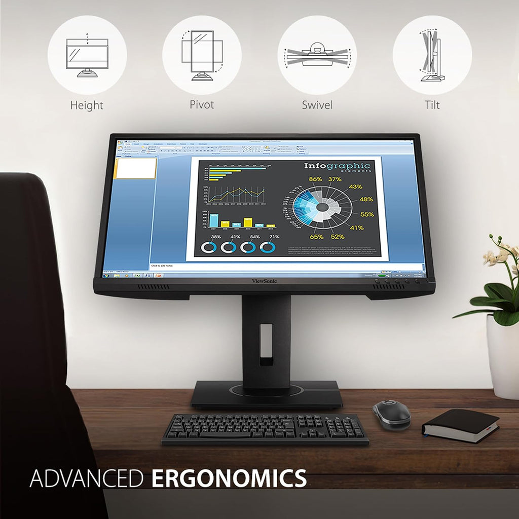 ViewSonic VG2440 24 Inch 1080p Monitor, VA Display for Smooth Home and Office Productivity, Advanced Ergonomics, HDMI, DisplayPort, VGA, and USB Inputs