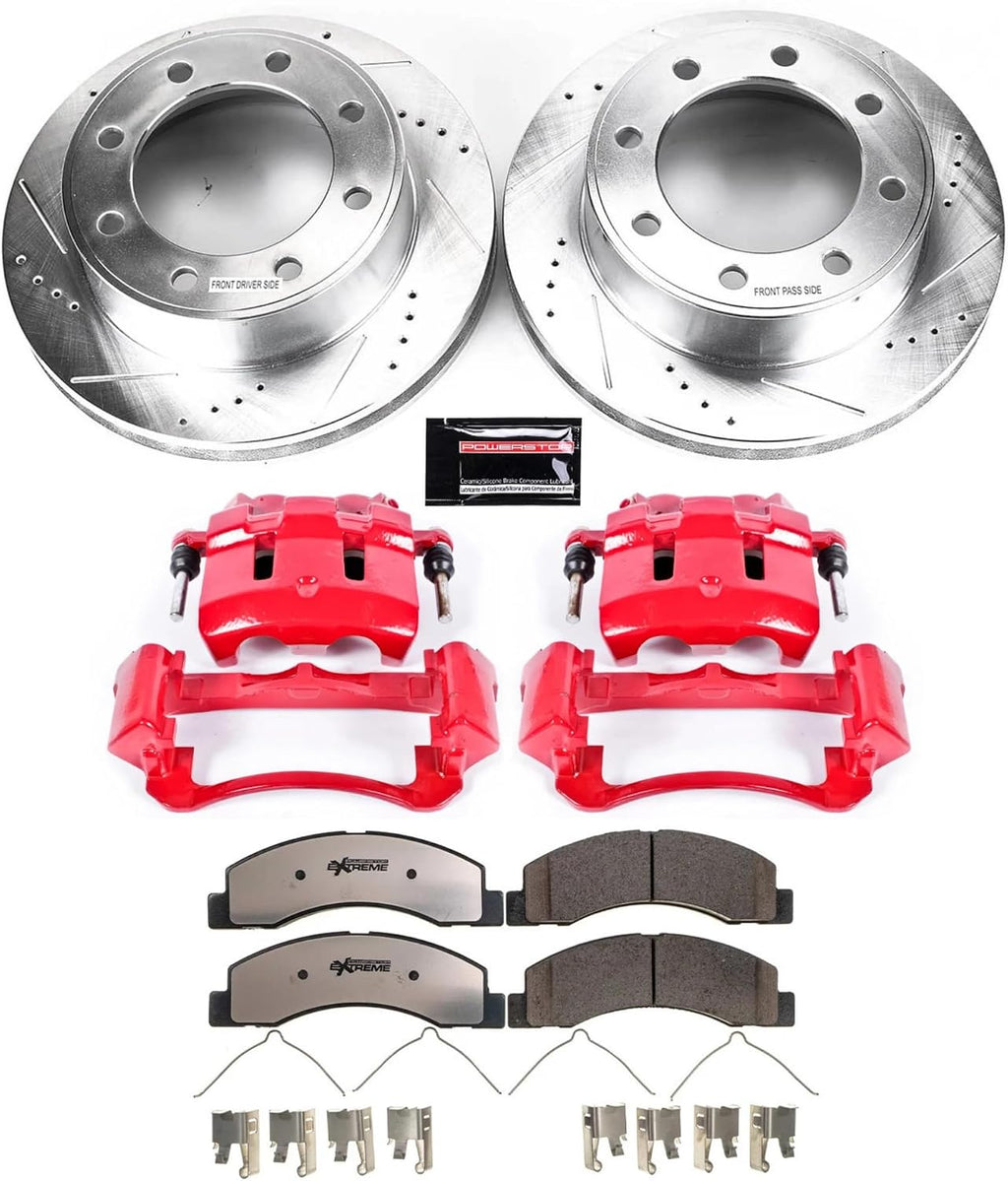 PowerStop Front Brake & Caliper Kit for Ford Excursion 2000-05 |F-250 Super Duty 1999-04 - Drilled & Slotted Disc Rotors + Z36 Brake Pads + Red-Powder Coated Calipers, KC1905-36