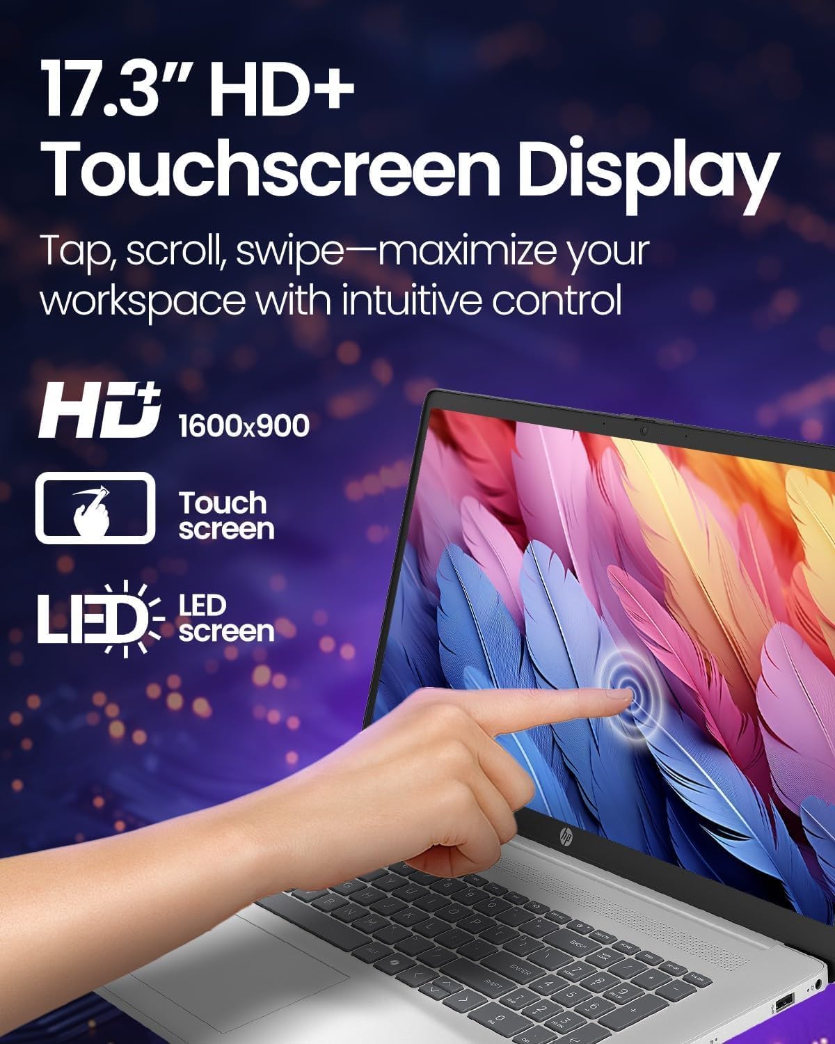 HP 17.3' AI Laptop, Intel Core Ultra 7 255U,64GB DDR5,1TB SSD, HD Touchscreen, Backlit Keyboard, Windows 11 Home, Wi-Fi 6, Natural Silver