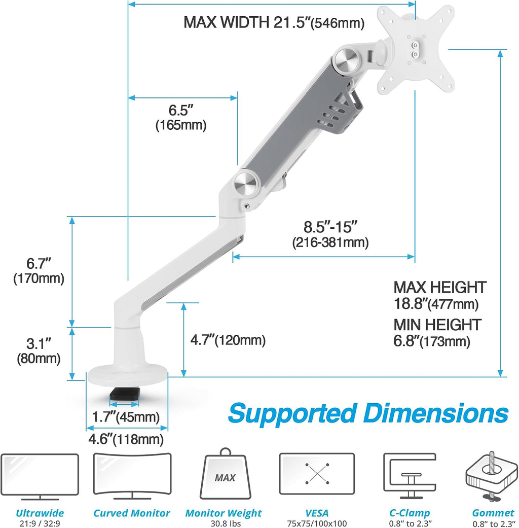 AVLT Single 13'-38' Monitor Arm Desk Mount fits One Flat/Curved/Ultrawide Screen Full Motion Height Swivel Tilt Rotation Adjustable Arm - VESA/C-Clamp/Cable Management - White