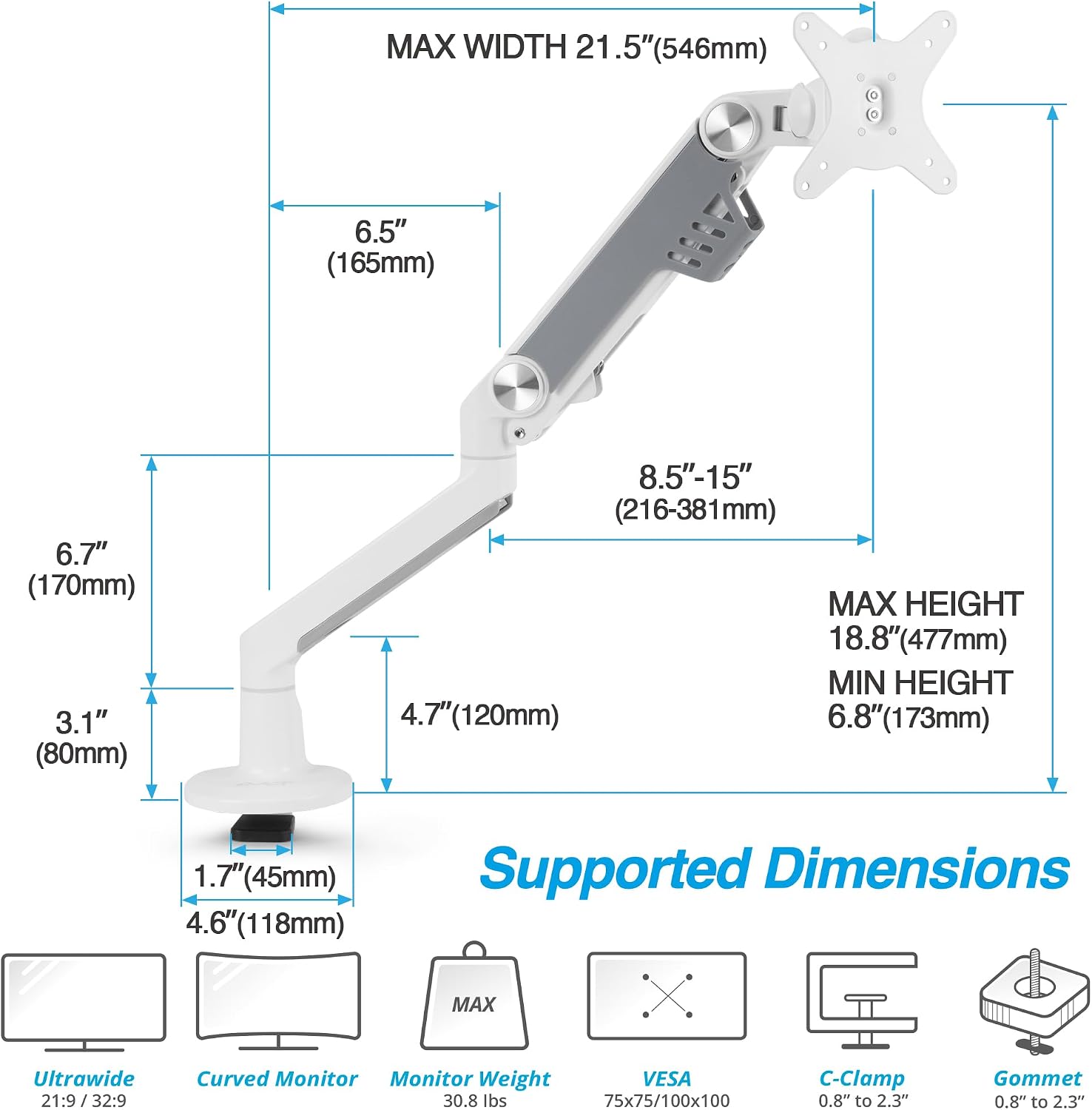 AVLT Single 13'-38' Monitor Arm Desk Mount fits One Flat/Curved/Ultrawide Screen Full Motion Height Swivel Tilt Rotation Adjustable Arm - VESA/C-Clamp/Cable Management - White