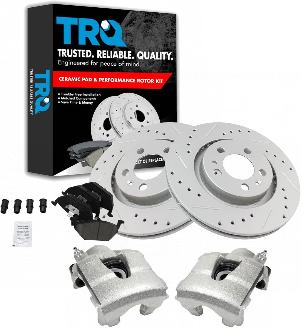 TRQ Performance Front Brake Pad and Rotor Set Ceramic Drilled Slotted Coated Rotors Calipers Compatible with 1998-2010 Volkswagen Beetle 2000-2006 Golf 1999-2005 Jetta