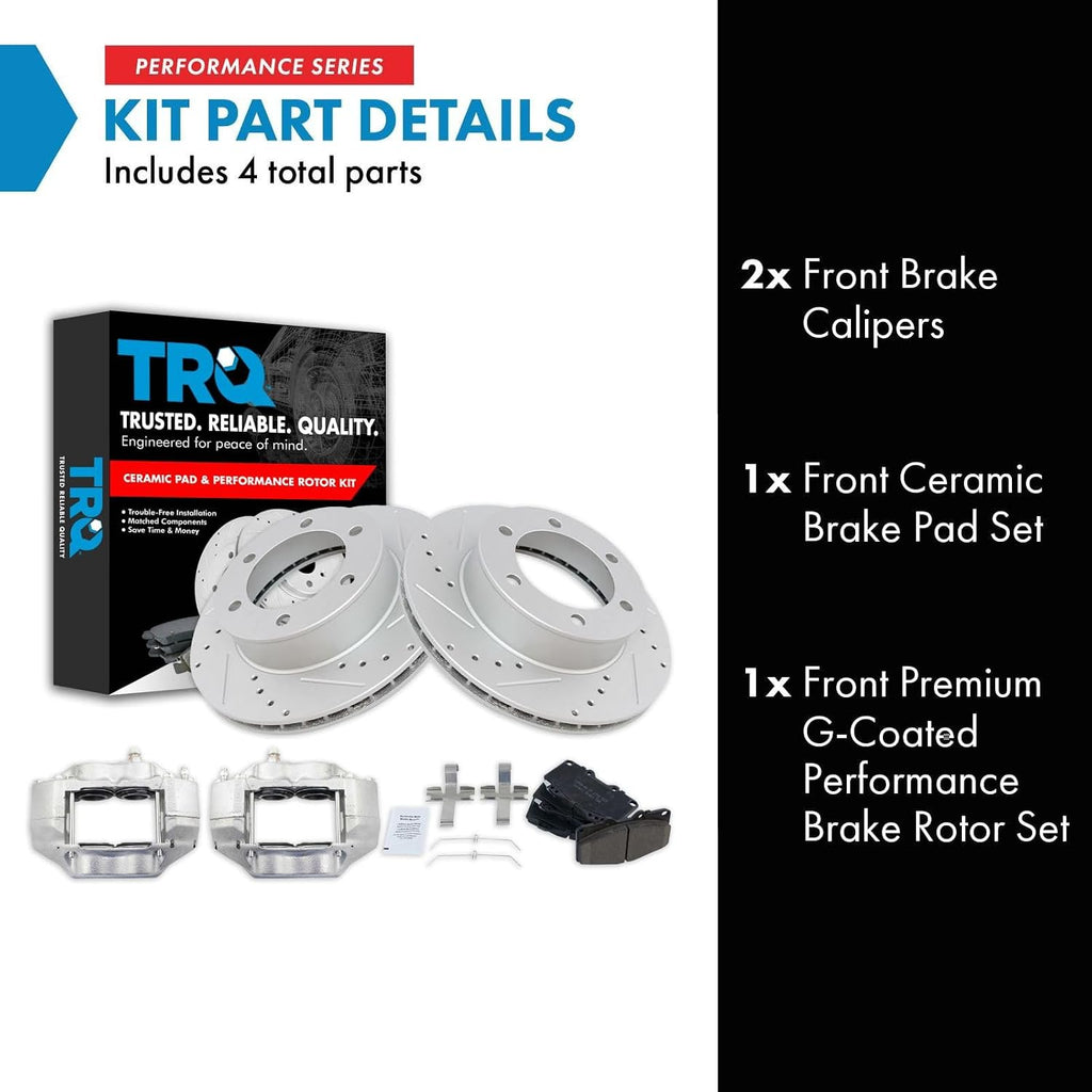 TRQ Performance Front Brake Pad and Rotor Set Ceramic Drilled Slotted Coated Rotors Calipers Compatible with 1999-2004 Toyota Tacoma
