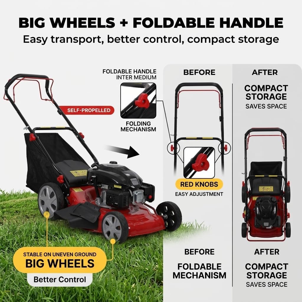 Self Propelled Lawn Mower, 141cc 4-Stroke Gas Engine, 20-Inch Steel Deck Walk-Behind Mower, 3-in-1 Mulching, Side Discharge & Bagging, 7-Position Height Adjustment, High Rear Wheels Large Yards