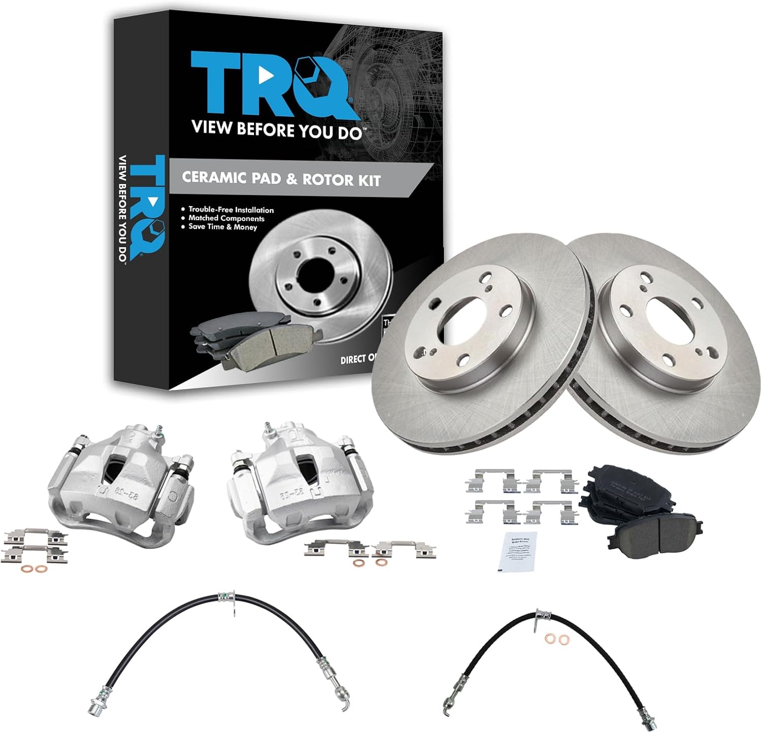 TRQ Front Brake Pad and Rotor Set Ceramic Calipers Hoses Compatible with 2006 Toyota Camry LE V6 3.0L Japan Built