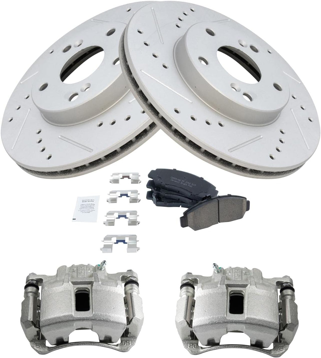 TRQ Performance Front Brake Pad and Rotor Set Ceramic Vented Coated Slotted Drilled Rotors Calipers Compatible with 2003-2007 Honda Accord