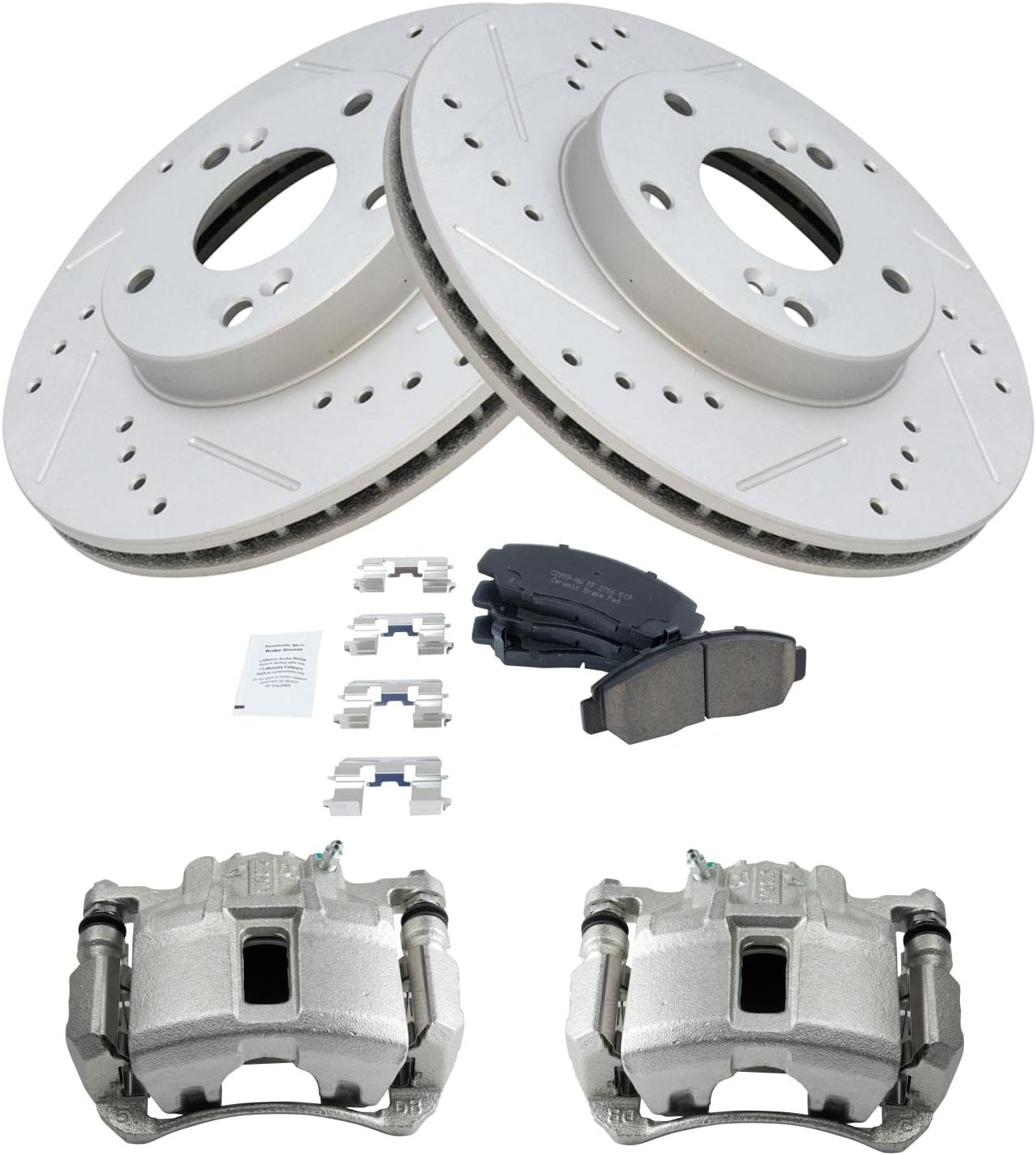 TRQ Performance Front Brake Pad and Rotor Set Ceramic Vented Coated Slotted Drilled Rotors Calipers Compatible with 2003-2007 Honda Accord