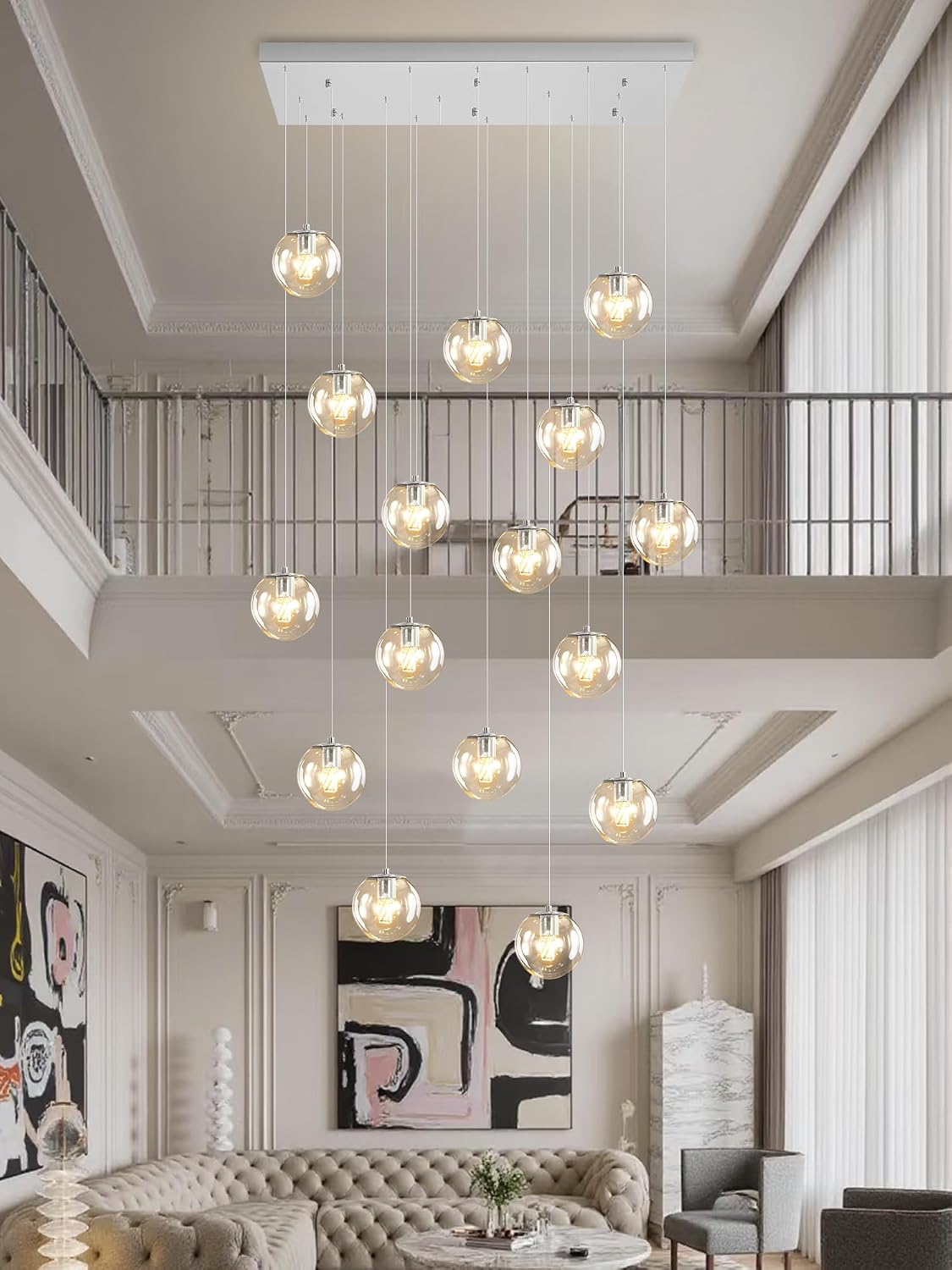 ykolupty Glass Chandelier LED Modern Silver Pendant Light Globe Ceiling Light H157 Glass Ball Chandeliers for Staircase Living Room Hotel Hallway Foyer Entryway (16 Lights-Rectangle Chandeliers)