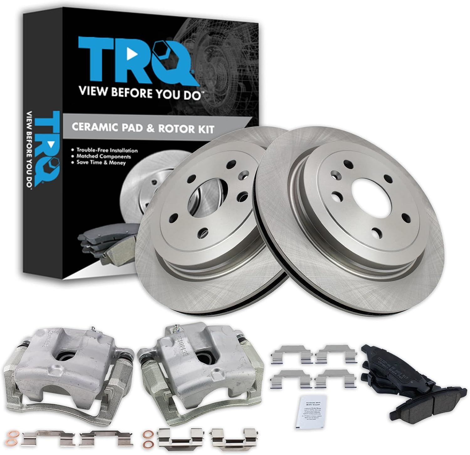 TRQ Rear Brake Pad and Rotor Set Ceramic Vented Rotors Calipers Compatible with 2010-2015 Chevrolet Camaro
