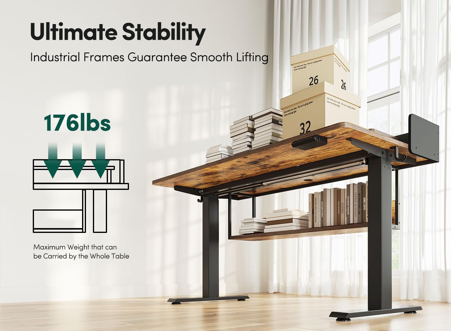 FEZIBO 55' Electric Standing Desk with Shelves, 55x24 Inches Sit Stand Rising Computer Desk with Monitor Shelf, Home Office Desks with Hook, Adjustable Height Stand Up Workstation Table, Rustic Brown