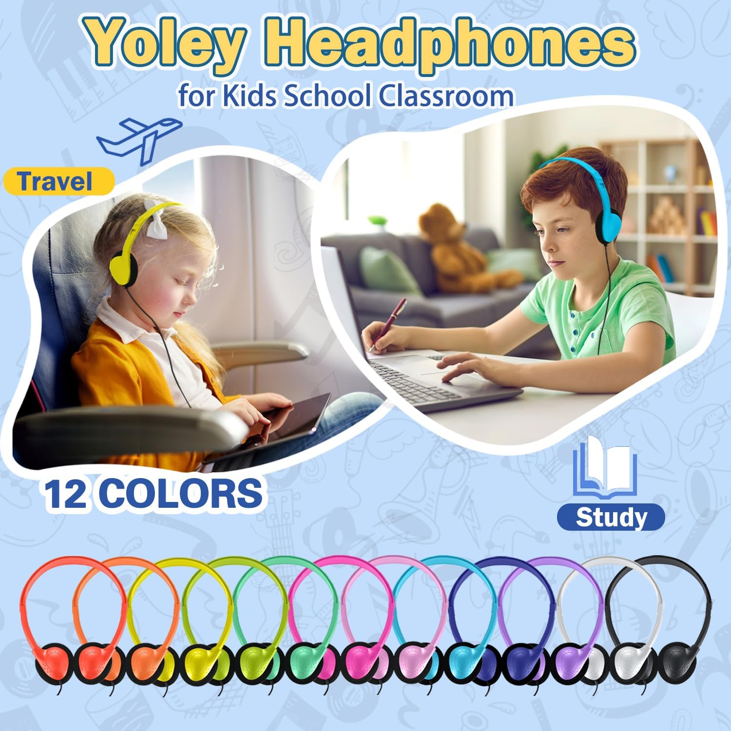 Bulk Headphones 100 Pack Multi Colored for Classroom, Wholesale Headphones Earphones for Kids,Students, Schools, Libraries, Museums, Testing Centers, Hotels (12 Mixed Color)