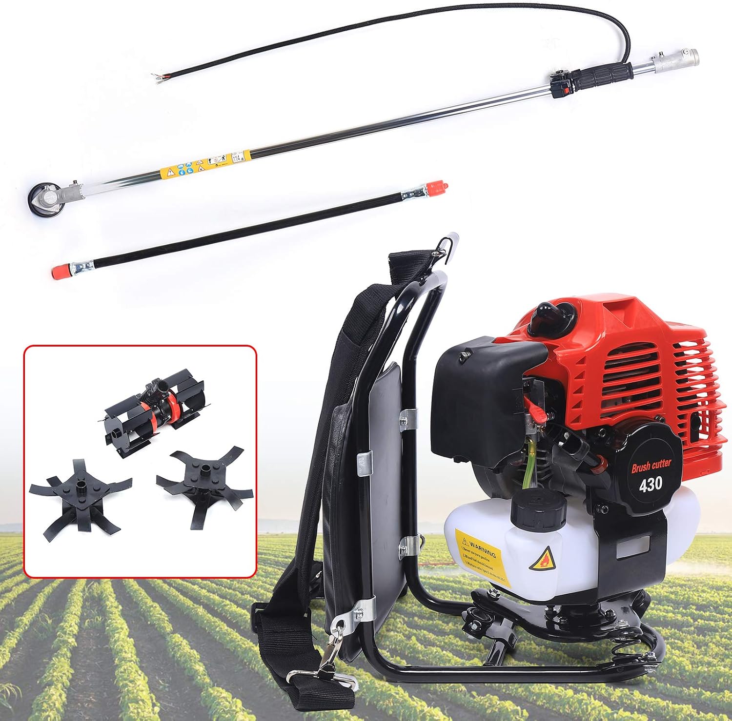 43CC 2-Stroke Grass Trimmer, 1250W 3 in 1 Brush Cutter Gas Powered Backpack Garden Rototiller Lawn Mower for Yard Farmland Weeding, Scarifying and Cutting 3200RPM