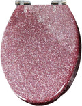 Elongated Glitter Resin Toilet Seat - Soft Close, Quick Release, Heavy Duty, Oval Design, Bathroom Toilet Lid with Silver Foil Glitter Cover. Easy to Clean and Install.