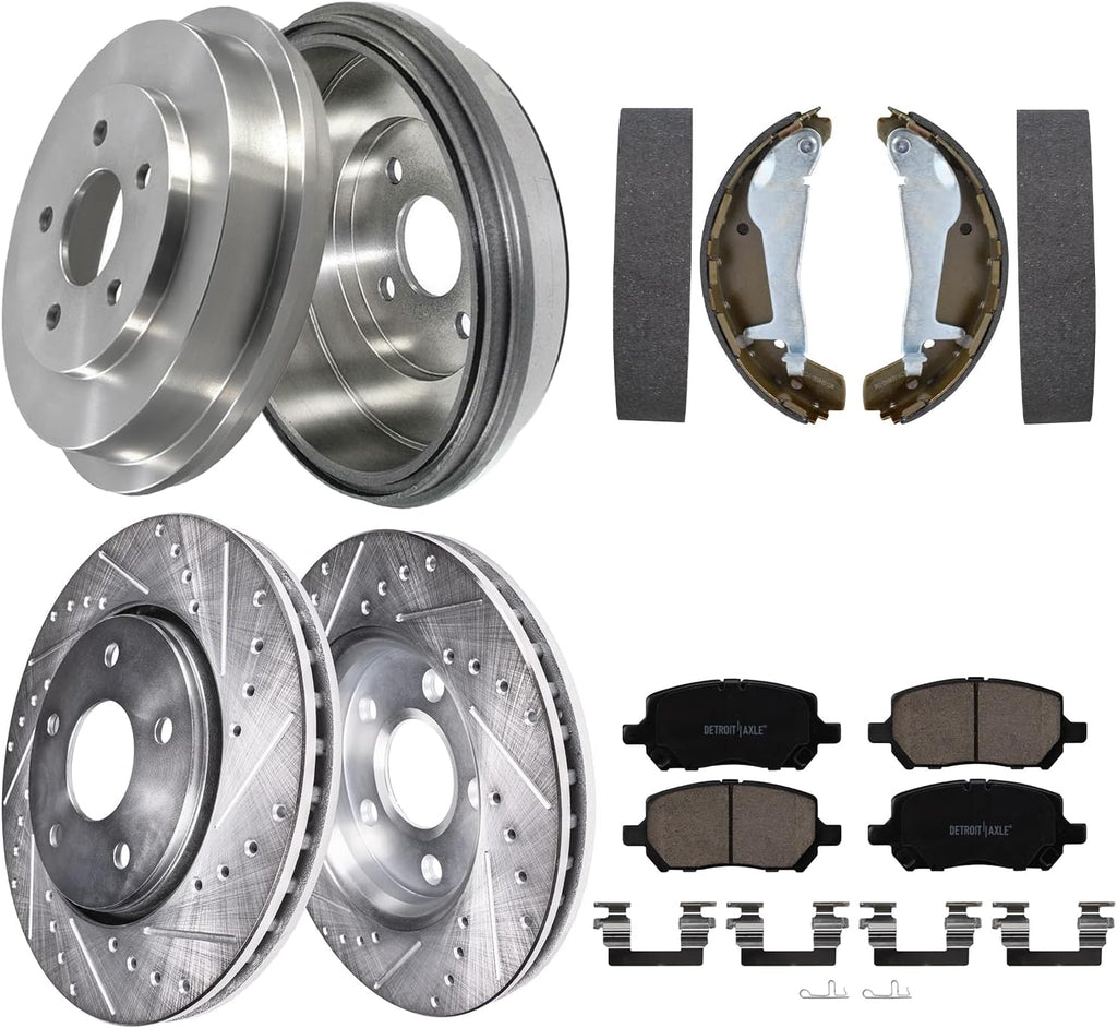 Detroit Axle - 5-Lug Brake Kit for 2009-2010 Chevrolet Cobalt Pontiac G5 Front Drilled and Slotted Disc Brake Rotors Ceramic Brakes Pads, Rear Brake Drums Brake Shoes Replacement : 11.02' inch Rotor