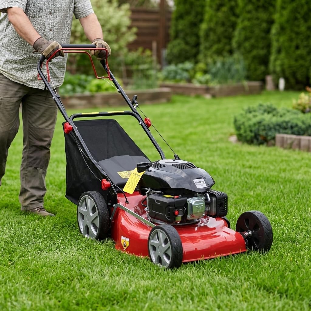 Self Propelled Gas Lawn Mower, 141cc 4-Stroke Engine, 20-Inch Walk-Behind Mower, 3-in-1 Mulching, Side Discharge & Rear Bagging, 7-Position Height Adjustment, 13.2-Gallon Grass Bag, High Rear Wheels