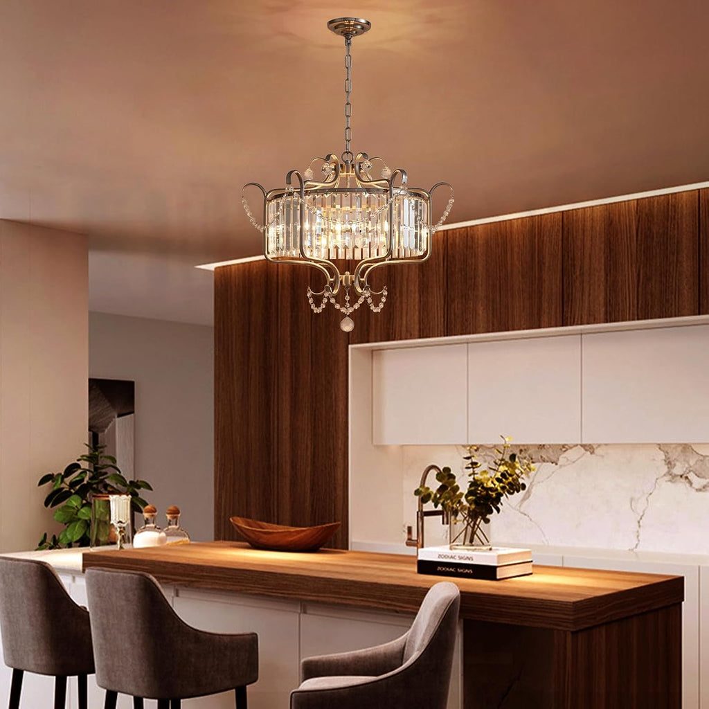 Modern Crystal Chandelier for Dining Room 24' Brushed Nickel Light Fixtures 6-Light Farmhouse Pendant Lighting for Kitchen Island Bedroom Hallway Entryway