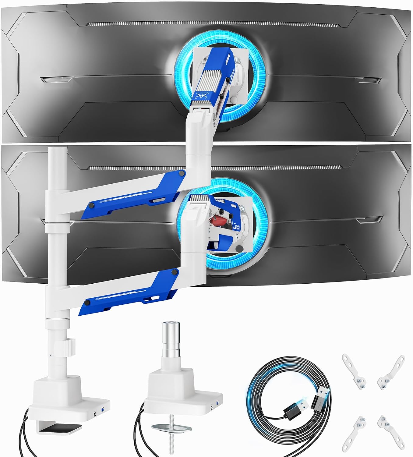 ARES WING Vertical Dual Monitor Mount - 24-57' Aluminum Heavy Duty Monitor Arms for 2 Monitors with USB A/C, Fully Adjustable Gas Spring Stacked Monitor Stand with 75/100/200 Vesa Mount, White