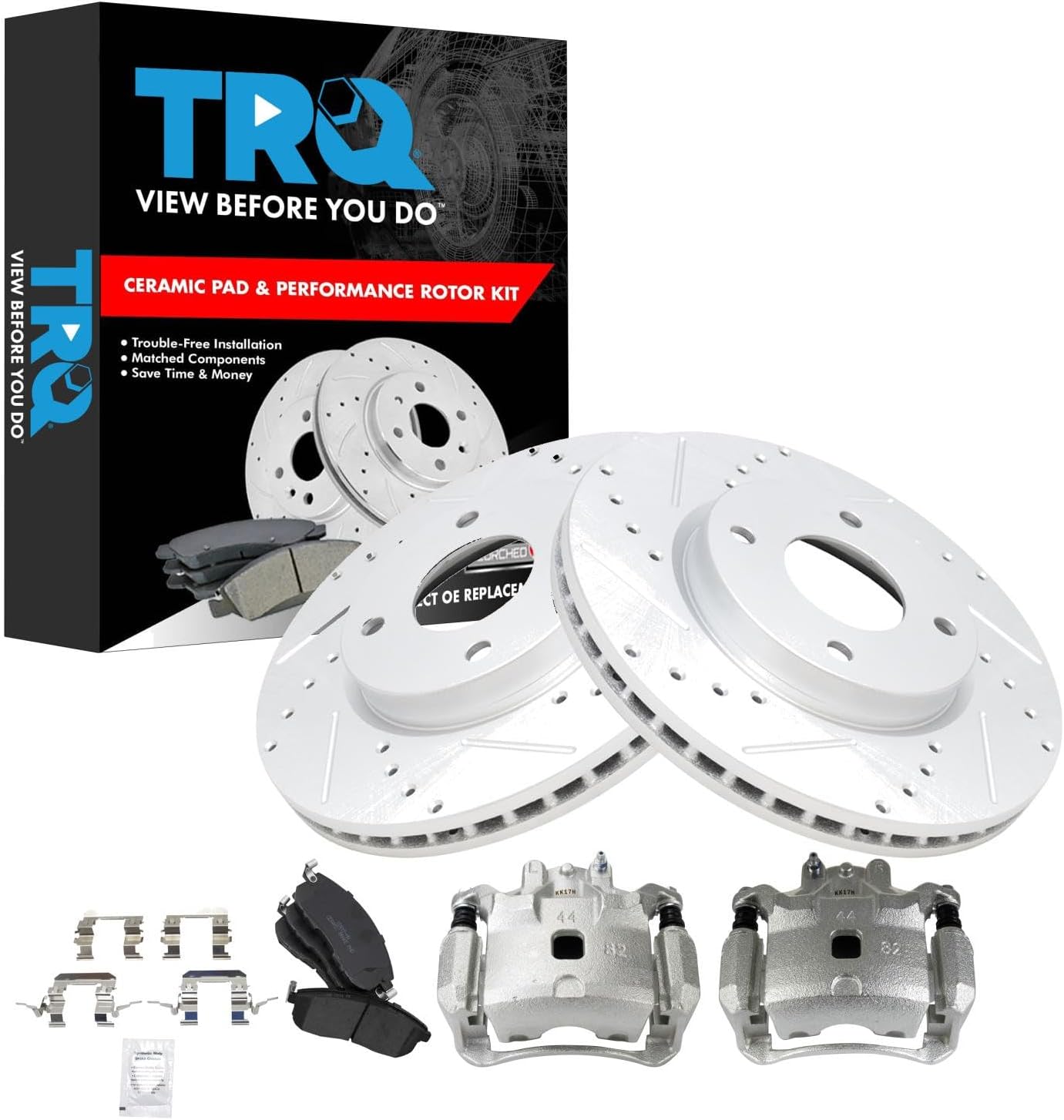 TRQ Performance Front Brake Pad and Rotor Set Ceramic Vented Coated Rotors Calipers Compatible with 2009-2014 Nissan Cube 2007-2012 Versa