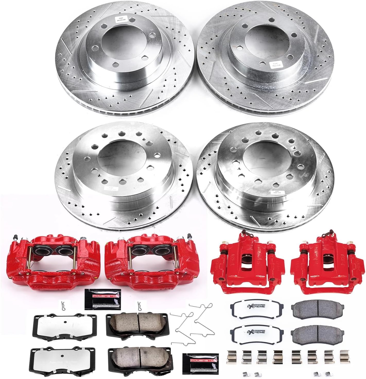 PowerStop Front and Rear Brake & Caliper Kit for Toyota 4Runner 2003-09 - Drilled & Slotted Disc Rotors + Z36 Brake Pads + Red-Powder Coated Calipers, KC2422-36