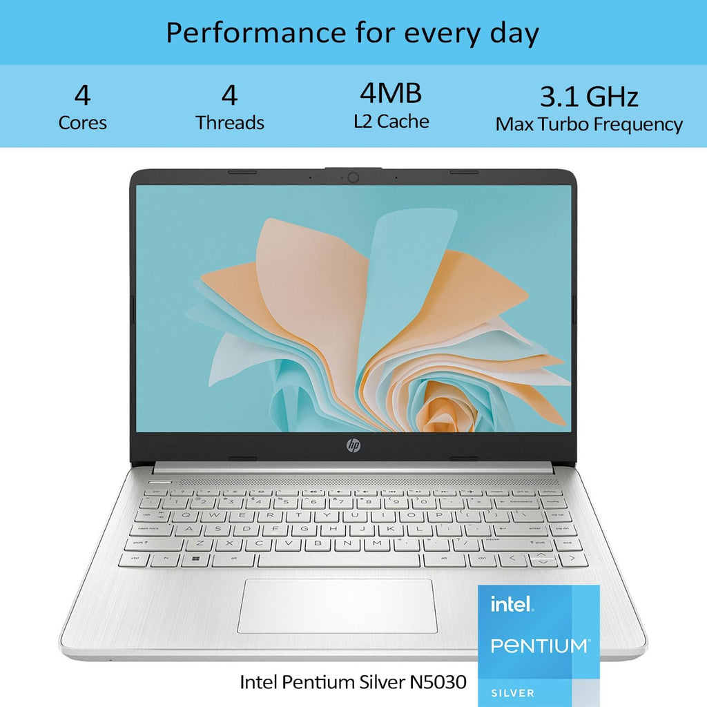 HP Daily Laptop, 14' HD Display, Intel Pentium Silver N5030 Processor, 8GB RAM, 256GB SSD, Webcam, HDMI, SD Card Reader, Wi-Fi, Windows 11 Home, Silver