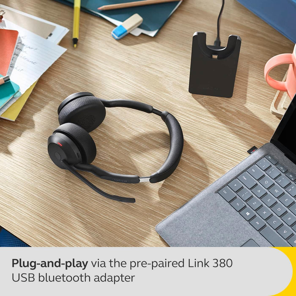 Jabra Evolve2 55 Stereo Wireless Headset - Charging Stand, AirComfort Technology, Noise-Cancelling Mics & Active Noise Cancellation - Works with UC Platforms Such as Zoom & Google Meet - Black