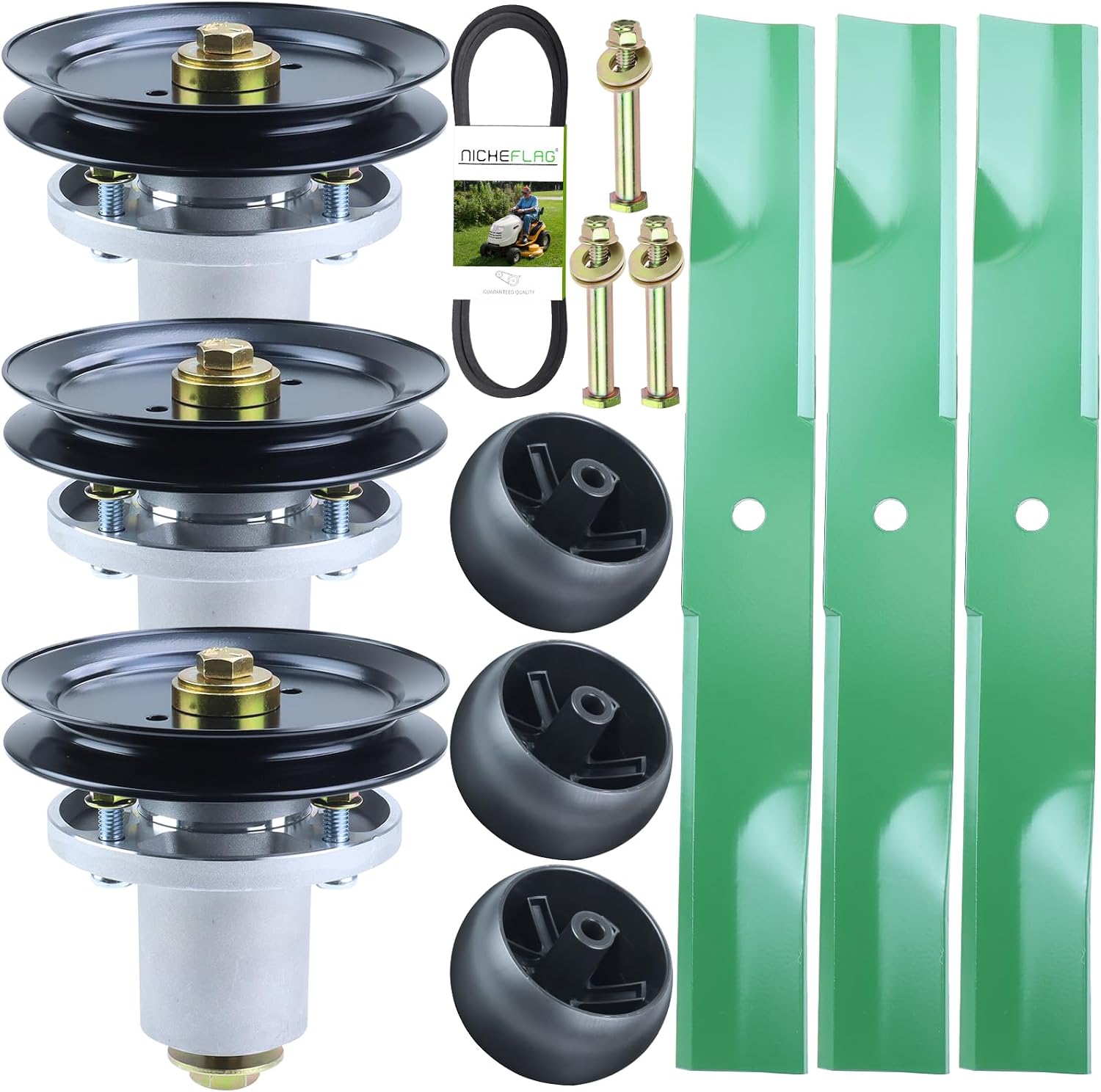 60 inch Deck Rebuild Kit for Hustler Raptor SD 935841 934778 935916 938696 937888 Includes 3x607418 Spindle Assembly 3x604704 Pulley 1x604711 Belt (5/8x154) 3x788166 Wheel 3x793794 Blades