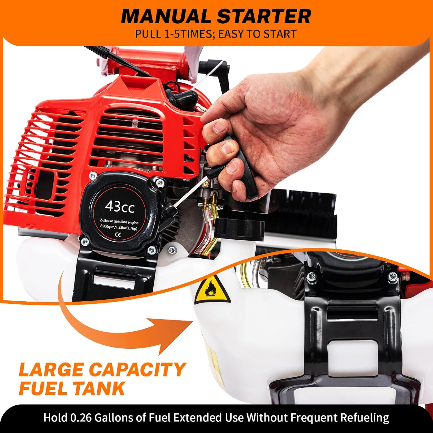 43cc 2-Stroke 1.7hp Portable Gas Power Held Sweeper Broom, 1250w Cleaning Driveway Turf Grass Walk Behind Hand Lawn Sweeper Carpet Sweeper Yard Sweeper Park Garden Cleanning Machine